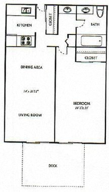 Floor plan for 1 bed, 1 bath, 632 sqft